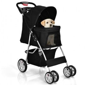 Simple Design Foldable 4-Wheel Pet Stroller With Storage Basket (Color: Black)