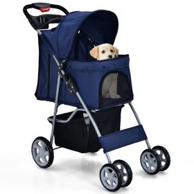 Simple Design Foldable 4-Wheel Pet Stroller With Storage Basket (Color: Navy)