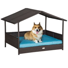 Wicker Dog House Elevated Raised Rattan Bed for Indoor/Outdoor with Removable Cushion Lounge, Blue (Color: as Pic)